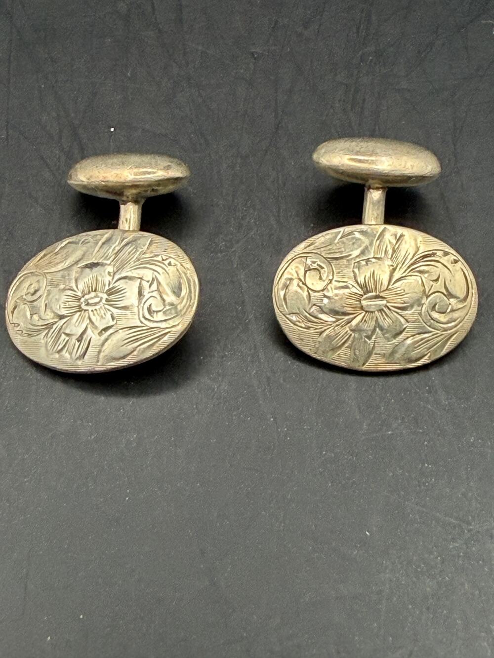 Vintage Sterling Silver Floral Etched Cufflinks